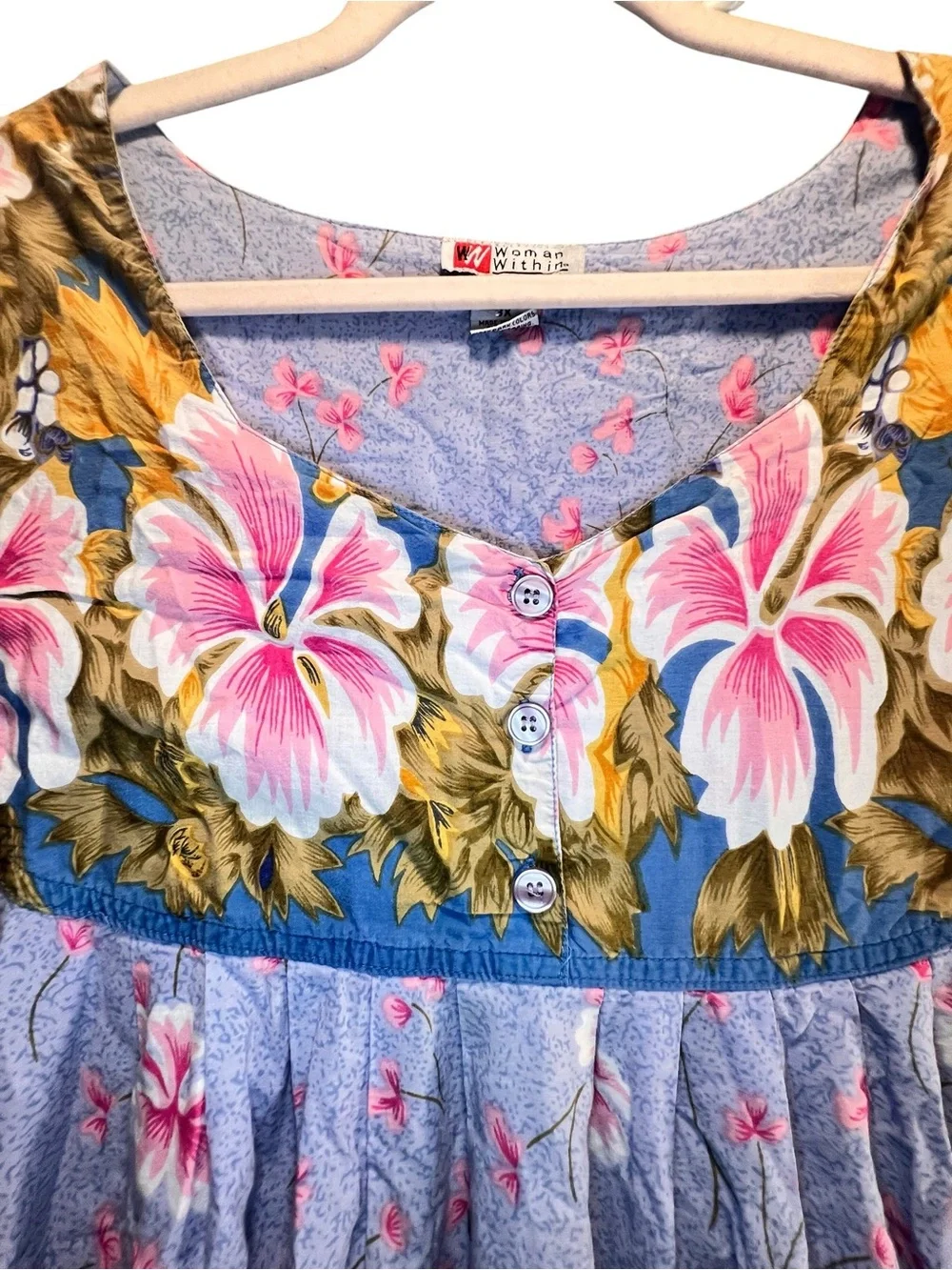 Woman Within 3X 100% Cotton Floral Housecoat Blue Pink Button Front Maxi